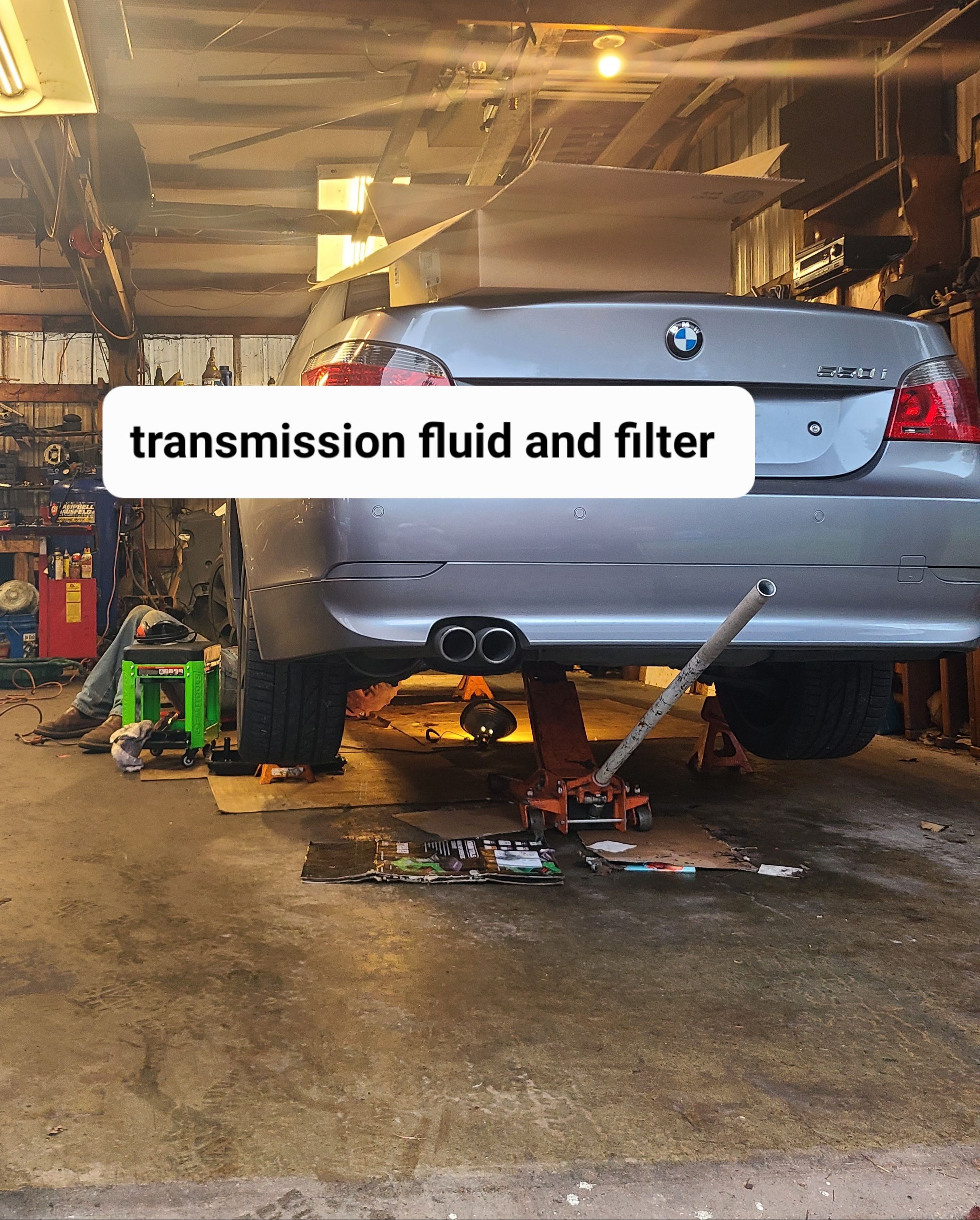 2007 BMW 550i transmission flush and filter replacement in a Bothell garage
